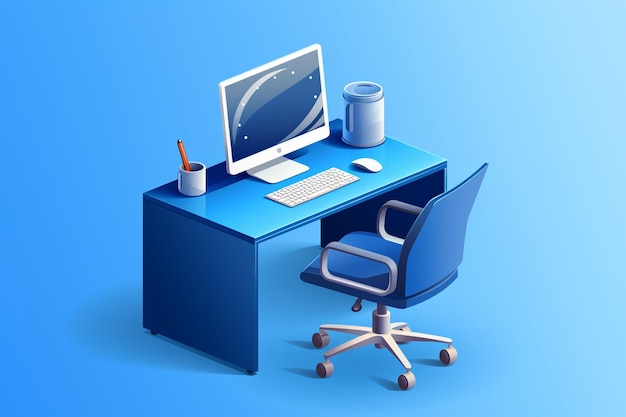 Desk di lavoro grafico isometrico sul colore del cielo blu