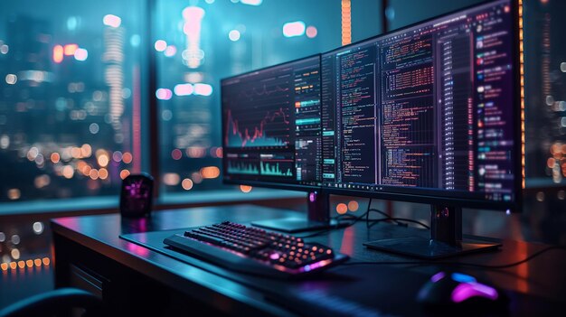 Desk di trading ad alta tecnologia con più monitor di computer generativa AI