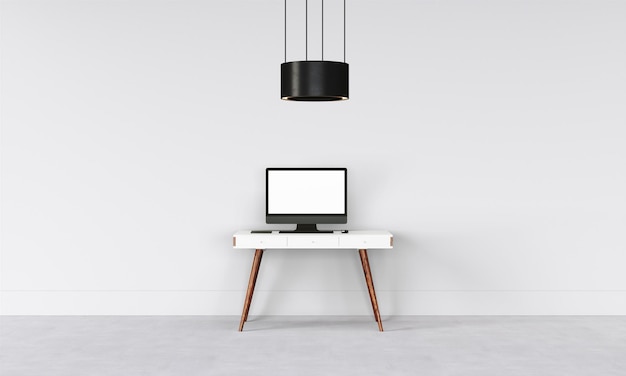 Desk moderno in un modello di studio pulito e luminoso con parete di design