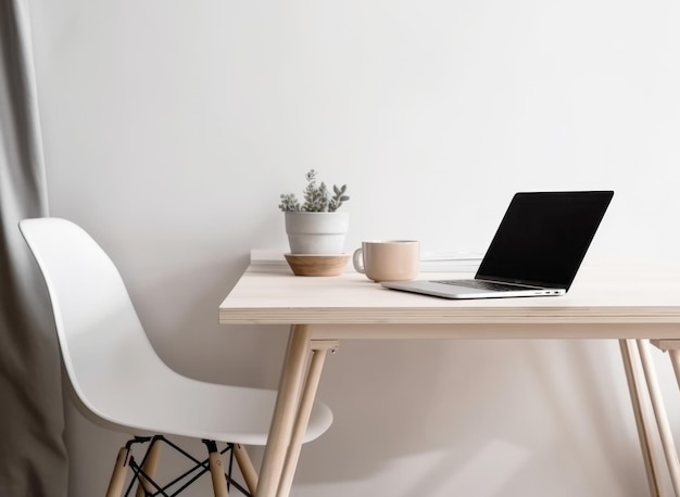 Desktop con laptop, tazza di caffè e cactus su uno sfondo bianco, IA generativa, concept di ufficio accogliente in stile scandinavo
