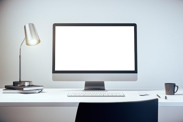 Desktop con sedia per computer e lampada Mockup 3D Rendering