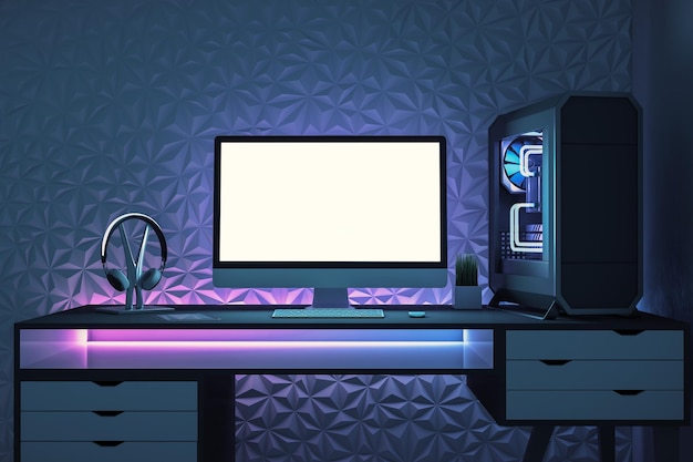 Desktop dal design moderno con schermo del computer bianco vuoto