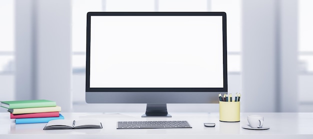 Desktop di designer pulito con monitor computer bianco tazza di caffè fornisce altri oggetti e finestra con vista sulla città sullo sfondo Mock up 3D Rendering