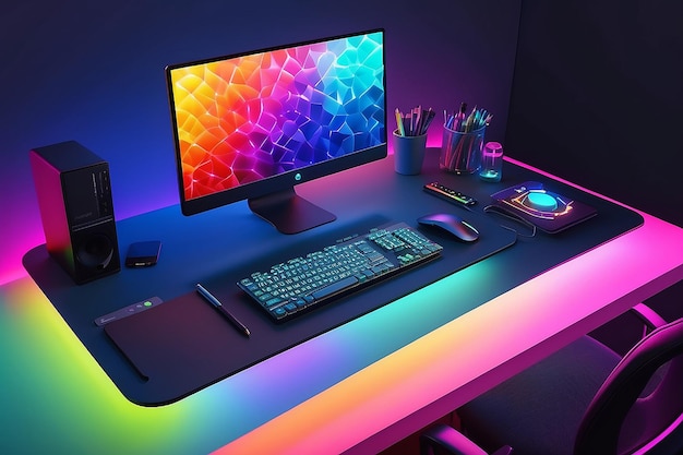 Desktop di lavoro circondato da luci a LED colorate