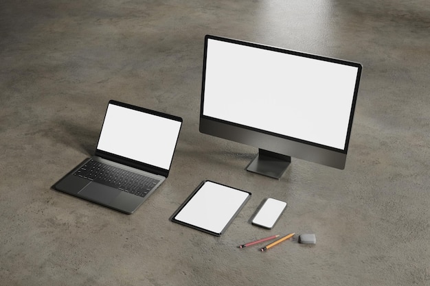 Desktoplaptopmobiletabletsito web home page mockuprendering 3d