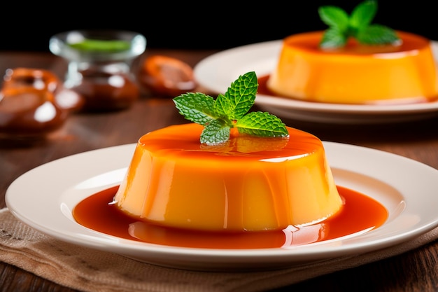 Dessert al caramello con sciroppo e foglia di menta