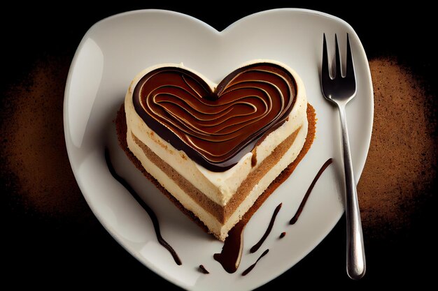 Dessert al cioccolato a forma di tiramisù a forma di cuore sul piatto