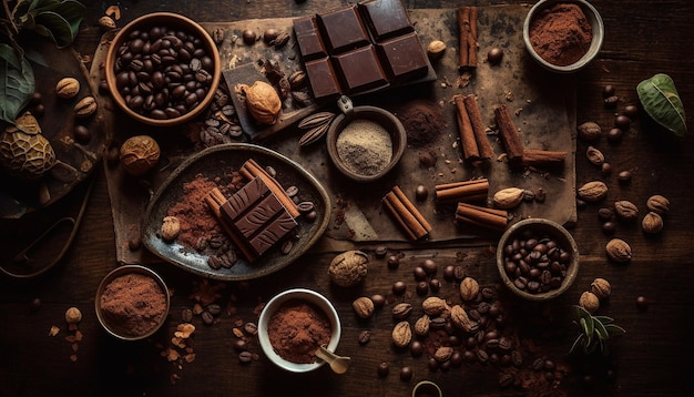 Dessert al cioccolato fondente su tavolo in legno rustico generato da AI