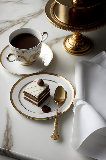 Dessert al cioccolato servito con una tazza di caffè