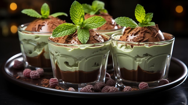 dessert alla mousse al cioccolato con menta e salsa al cioccolate su uno sfondo scuro