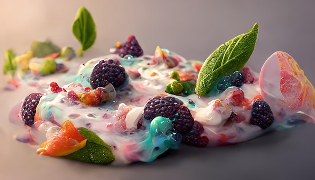 Dessert appetitoso con gelato con frutta e bacche Illustrazione 3D Rendering ai