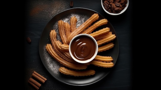 Dessert churros con caffè e cioccolato Immagine generata dall'intelligenza artificiale