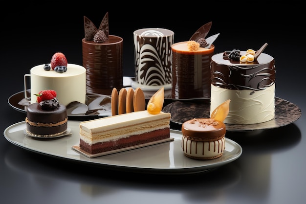 dessert cibo dolce set di torte con pezzetti di cioccolato Puits damour AI generativa