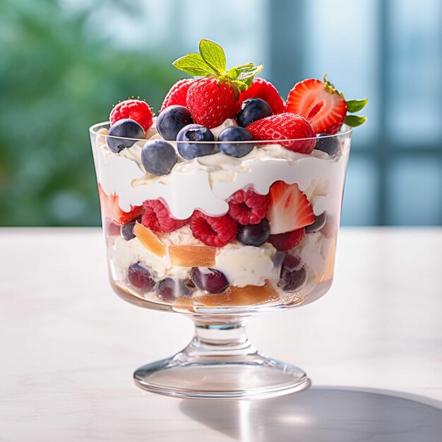 Dessert con bacche fresche in un barattolo di vetro su un tavolo di legno