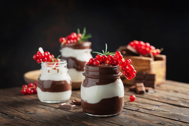 Dessert con crema al cioccolato bianco e fondente