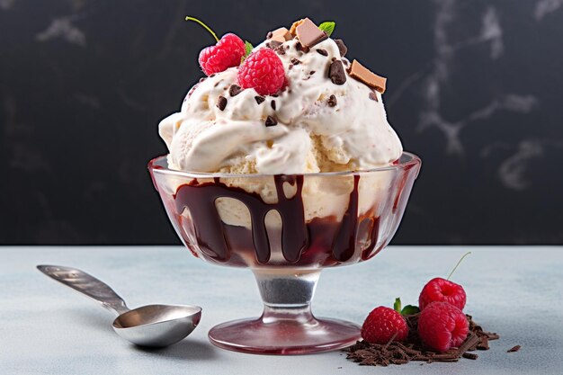 Dessert con una ciotola di gelato di bacche su un tavolo di legno con decorazione floreale