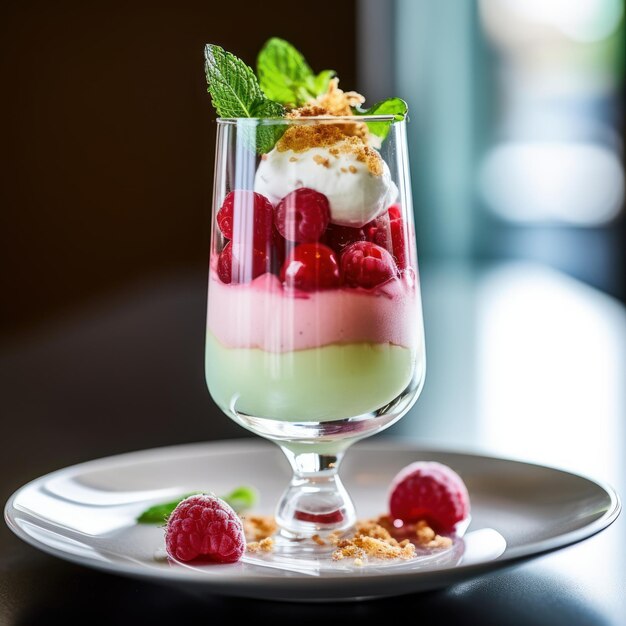 dessert con yogurt e lamponi in un bicchiere su uno sfondo scuro