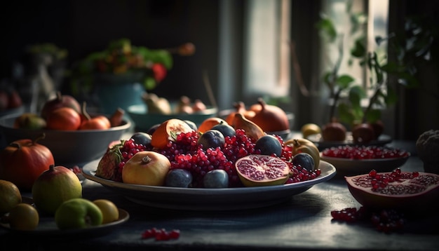 Dessert di bacche succose su tavola di legno rustico perfetto per la dieta generata dall'intelligenza artificiale