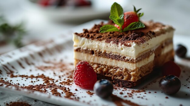 Dessert di biscotti tiramisu con cioccolato e crema su un piatto nero solitario AI generativa