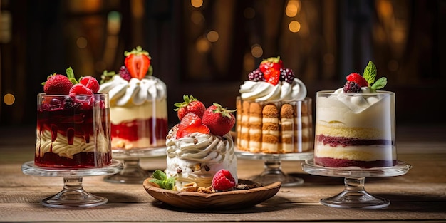 dessert di diversi tipi di torta su piatti di vetro nello stile dell'artigianato ecologico
