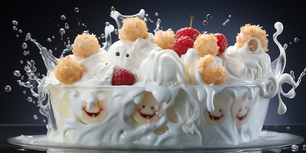 Dessert di frutta con spruzzo di latte su sfondo scuro rendering 3D