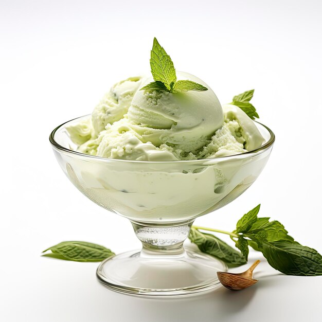 Dessert di gelato al matcha su sfondo bianco