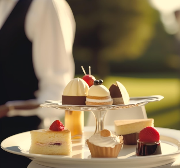 Dessert di lusso per il servizio di ristorazione da parte di un cameriere durante una celebrazione di matrimonio o un evento formale in classico stile inglese in un hotel di lusso o in una tenuta di campagna ai generativi postelaborati