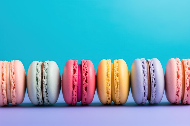 Dessert di macarons colorati in fila su sfondo blu