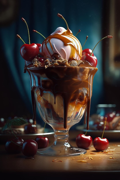 dessert di sundae con gelato e decorato con ciliegie