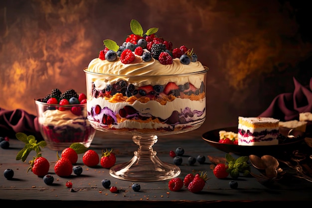 Dessert fatto in casa con crema di zuppa inglese ai frutti di bosco sul piatto