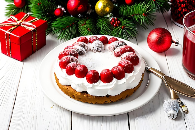 Dessert fatto in casa di Natale e decorazioni di Natale sulla tavola di legno bianca