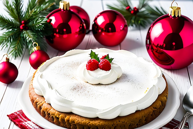 Dessert fatto in casa di Natale e decorazioni di Natale sulla tavola di legno bianca