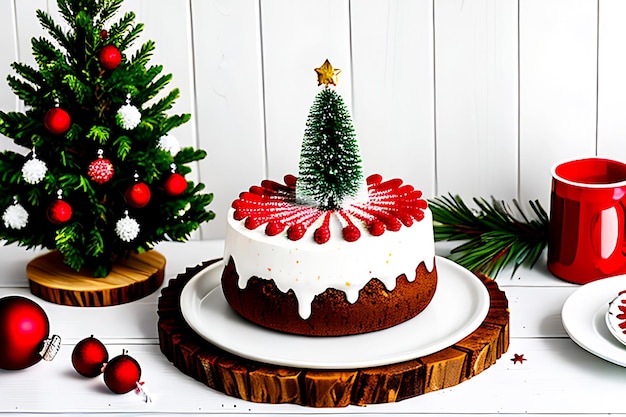 Dessert fatto in casa di Natale e decorazioni di Natale sulla tavola di legno bianca