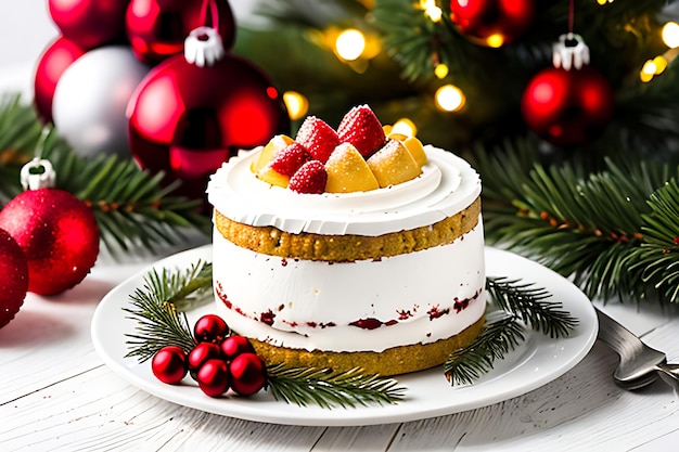 Dessert fatto in casa di Natale e decorazioni di Natale sulla tavola di legno bianca