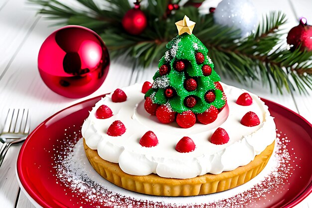 Dessert fatto in casa di Natale e decorazioni di Natale sulla tavola di legno bianca