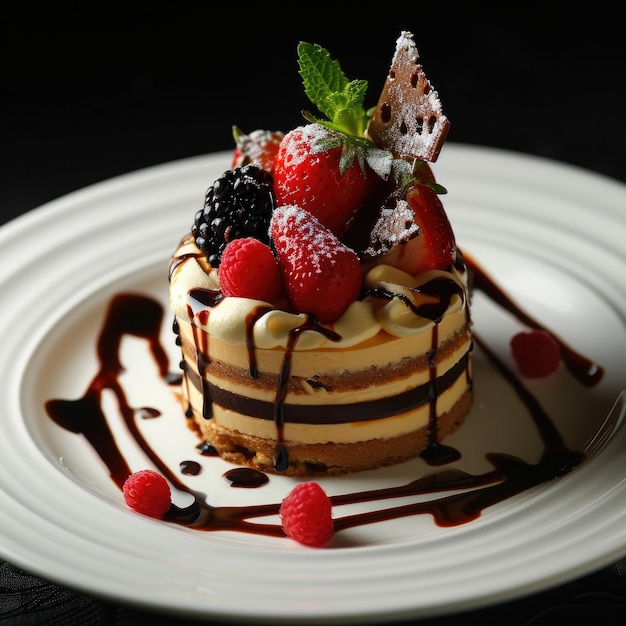 Dessert gourmet con bacche fresche e pioggia di cioccolato su un piatto bianco su uno sfondo scuro