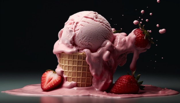 Dessert gourmet dolce gelato alla fragola che si scioglie sul cono generato dall'intelligenza artificiale