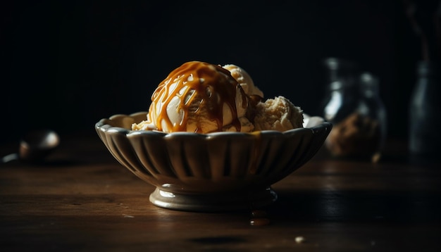 Dessert gourmet fresco su piatto di legno generato dall'intelligenza artificiale