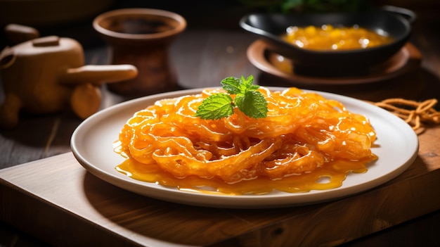 Dessert Jalebi servito su piatto bianco su tavolo di legno