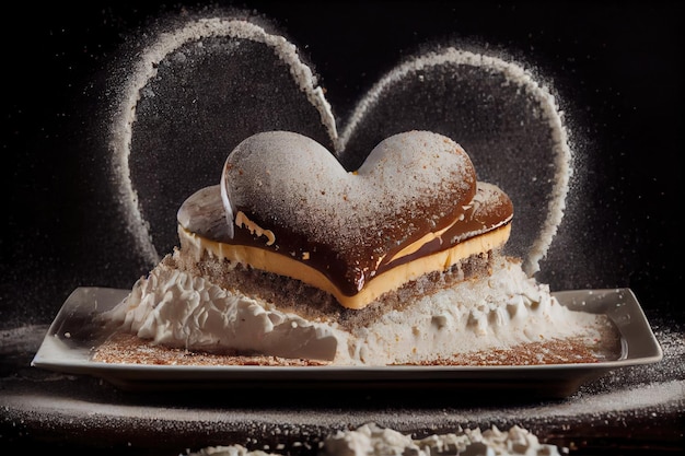 Dessert per il tiramisù a forma di cuore con appuntamento romantico con spolverata di polvere