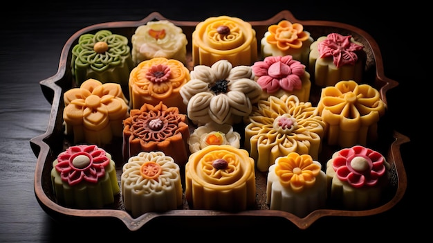 Dessert tailandesi colorati in una scatola di legno su sfondo nero AI generativa
