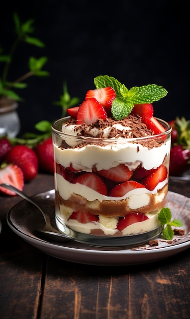 Dessert tiramisù in un bicchiere con fragole e menta su sfondo scuro