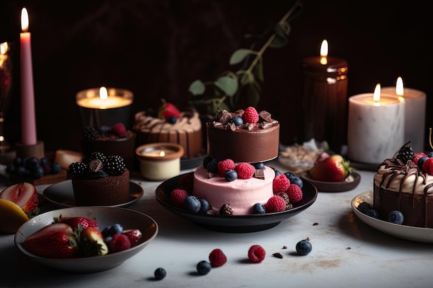 Dessert vegano su un tavolo rustico e candele accese Concetto di alimentazione sana