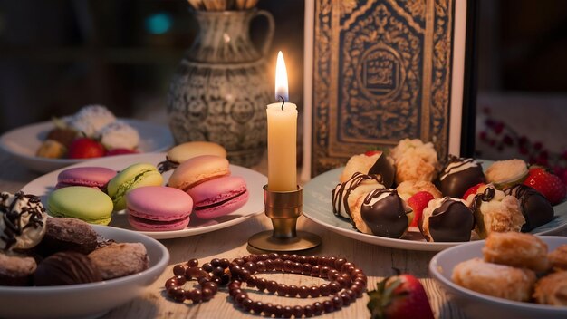 Desserti e candele vicino a perle e corano