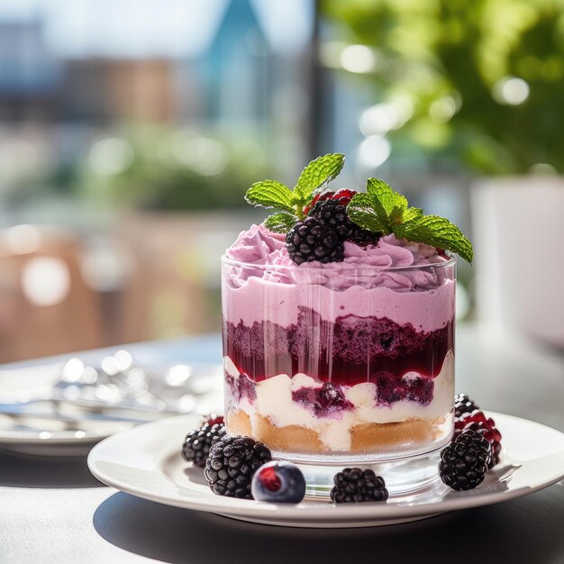 Desserto estivo in un bicchiere con torta di spugna, mousse di bacche a panna montata e bacche con foglie di menta