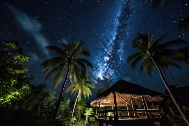 Destinazione esotica con vista del cielo notturno e stelle che brillano in alto creata con l'IA generativa