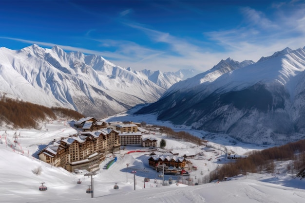 Destinazione sportiva invernale con maestosa catena montuosa sullo sfondo creata con AI generativa