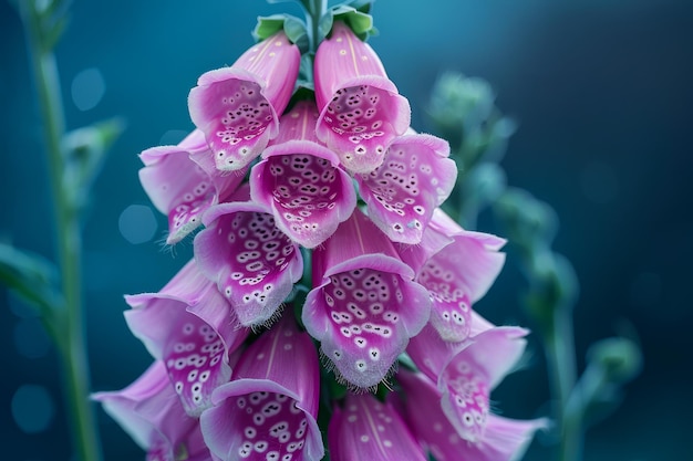 Detail di primo piano dei fiori di Purple Foxglove Digitalis Purpurea con gocce di rugiada a fuoco morbido