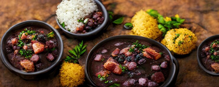 Detail of feijoada with black beans with pepperoni bacon and jerky Traditional Brazilian food