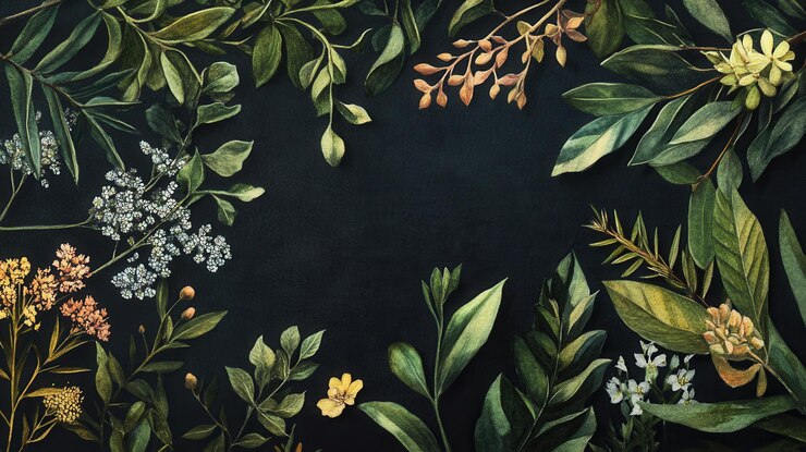 Detailed botanical watercolor illustration on dark background